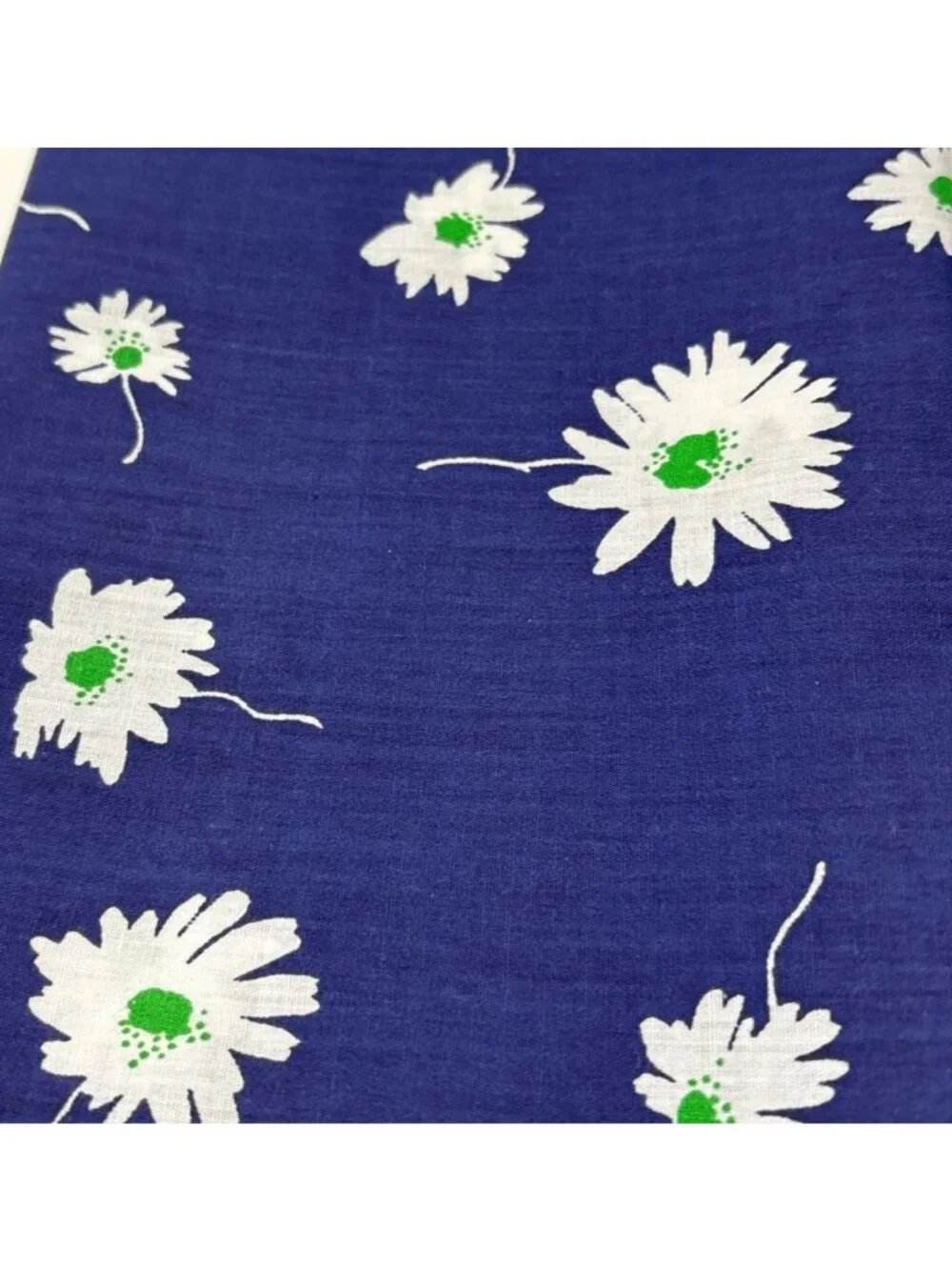 Blue Cotton Fabric White Green Daisy Print 21